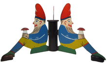 Load image into Gallery viewer, Antique Three Gnomes Christmas Tree Pole Stand hand painted metal wooden shoes
