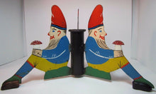 Load image into Gallery viewer, Antique Three Gnomes Christmas Tree Pole Stand hand painted metal wooden shoes
