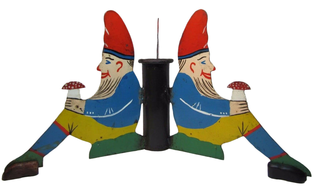 Antique Three Gnomes Christmas Tree Pole Stand hand painted metal wooden shoes