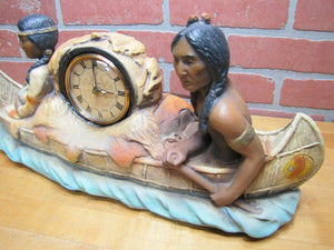 Old Chalkware Native American Indians Canoe Clock Decorative Arts Statue Large