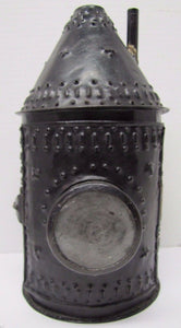 Punched Tin Candle Lantern Side Smoke Stack Double Glass Lenses Bullseye