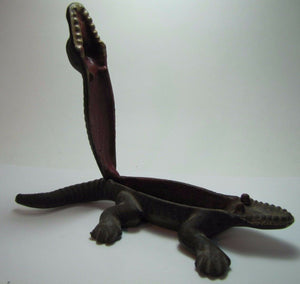 Antique Cast Iron Alligator match safe trinket tray top lift old original paint