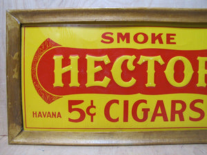 SMOKE HECTOR 5c HAVANA CIGARS c1920 Embossed Tin Advertising Sign MILD & FRAGRANT