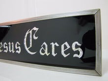Load image into Gallery viewer, JESUS CARES Sign Glass Front Foil Design Lettering Deco Tin Bevel Frame
