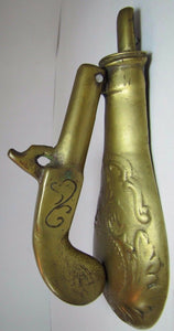 Old Cast Brass Pistol and Gun Powder Flask Door Knocker heavy solid unusual dsn
