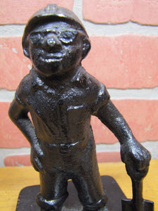 Old Cast Iron FOUNDRY WORKER COAL MINER Figural Doorstop Hat Goggles Shovel