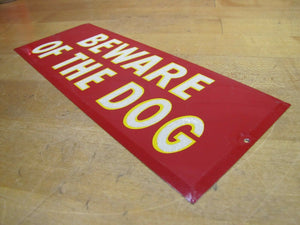 Old BEWARE OF THE DOG Tin Metal Reflective Hetrolite Style Sign Junkyard Shop