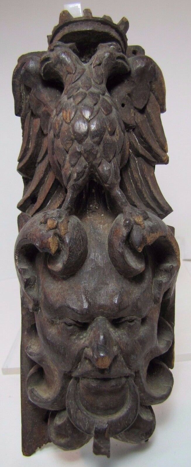 Antique Carved Wood Double Headed EAGLE DEVIL EVIL Man Head Hardware Element