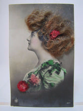Load image into Gallery viewer, Antique Victorian Woman Postcard &#39;real hair flowers&#39; old hand tinited color
