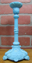 Load image into Gallery viewer, SERPENT SNAKE KOI DRAGON FISH Antique Pair Blue Milkglass Candlesticks Ornate
