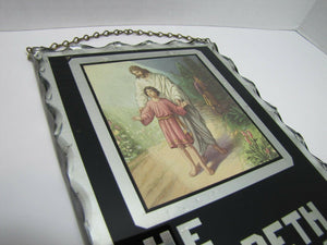 Old Chip Glass Mirror Foil Tin HE CARETH FOR YOU Religious Sign Plaque