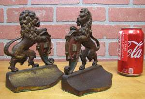 Antique Cast Iron LION Bookends Upright Crest Shield Decorative Art Statues