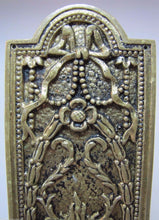 Load image into Gallery viewer, Antique Door Push Plate Ornate Flame Torch Ribbons Bows Floral Old Brass Bronze
