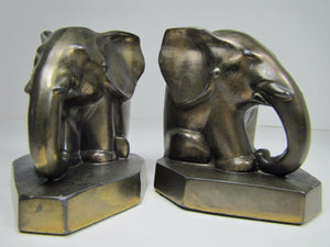 Antique Art Deco Elephant Bookends old pair pachyderms circa 1920s cast mtl brs
