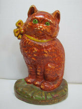 Load image into Gallery viewer, Old Cast Iron Cat Doorstop orange green eyed kitten detailed door stopper
