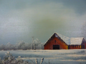 Everett Woodson Oil on Canvas Barn Scene Lrg Framed Decorative Art Painting