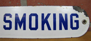 Old Porcelain NO SMOKING Sign Gas Station Repair Shop Industrial Blue White