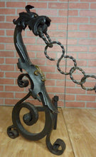 Load image into Gallery viewer, Wrought Iron Gothic Dragon Andirons Large Decorative Arts Pair Brass Eyes Ornate
