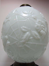 Load image into Gallery viewer, Antique 19c Victorian Milk Glass Spider Web Oil Lamp FG Co cast iron base ornate
