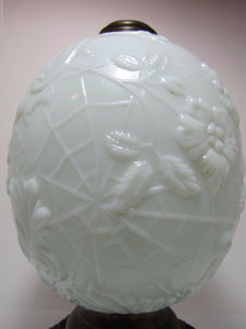 Antique 19c Victorian Milk Glass Spider Web Oil Lamp FG Co cast iron base ornate