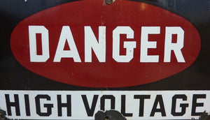 DANGER HIGH VOLTAGE Old Porcelain Sign unusual black background Industrial Shop