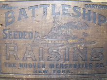 Load image into Gallery viewer, BATTLESHIP RAISINS Antique Wooden Crate Box fabulous design Hooven Merch Co NY
