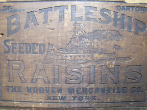 BATTLESHIP RAISINS Antique Wooden Crate Box fabulous design Hooven Merch Co NY