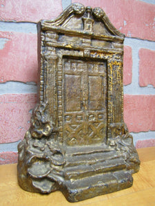 DOOR Antique Cast Iron Figural Doorstop Bookend Entrance Way Steps Landscape