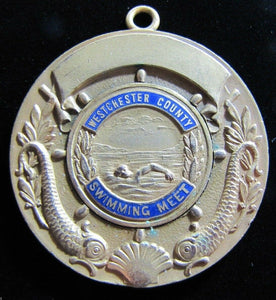 1940 WESTCHESTER County Swimming Meet Medal Medallion Ornate Dauphin Koi Fish