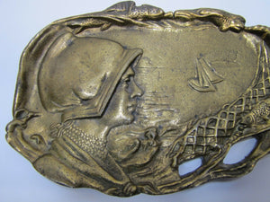 MAIDEN BONNET SHIP OCEAN SUN FISH Old Brass Figural Decorative Arts Trinket Tray