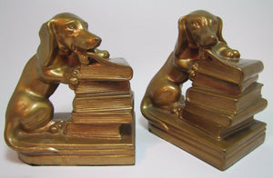 Antique Jenning Brothers Dog chewing Book Bookends JB old orig gold paint ornate