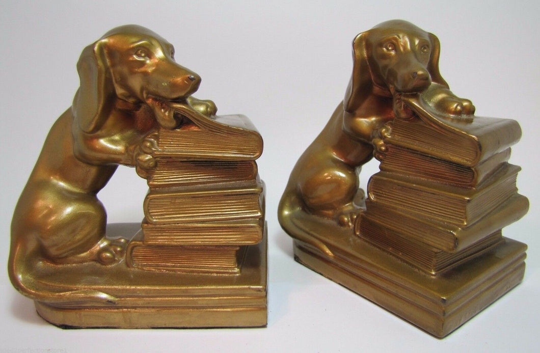 Antique Jenning Brothers Dog chewing Book Bookends JB old orig gold paint ornate