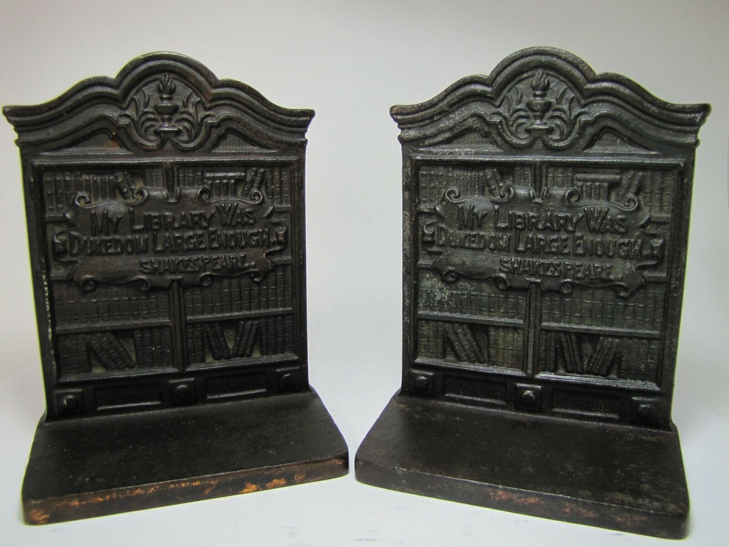 Antique SHAKESPEARE LIBRARY Cast Iron Bookends 'My Library Dukedom Large Enough'