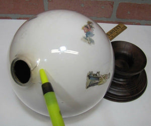 Antique Victorian Potichomania Gazing Blown Glass Ball Wooden Stand Girls Boys