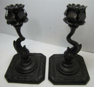 KOI DRAGON FISH Pair Old Cast Iron Figural Decorative Art CandleSticks Holders