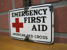 Load image into Gallery viewer, Old Porcelain AMERICAN RED CROSS EMERGENCY FIRST AID Sign Plate Topper Ad
