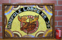 Load image into Gallery viewer, LOYAL ORDER OF MOOSE NORFOLK Old Folk Art Butterfly Wings Marquetry Plaque Sign
