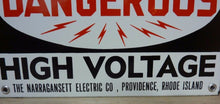 Load image into Gallery viewer, DANGEROUS HI VOLT NARRAGANSETT Elec Co PROVIDENCE RI Old Porcelain 2 Sided SignDANGEROUS HI VOLT NARRAGANSETT Elec Co PROVIDENCE RI Old Porcelain 2 Sided Sign
