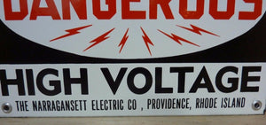 DANGEROUS HI VOLT NARRAGANSETT Elec Co PROVIDENCE RI Old Porcelain 2 Sided SignDANGEROUS HI VOLT NARRAGANSETT Elec Co PROVIDENCE RI Old Porcelain 2 Sided Sign