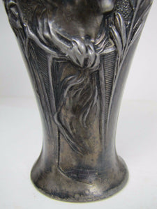 Antique Art Nouveau Maidens Vase silver plate ornate detailing signed Flamani