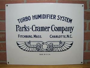 PARKS-CRAMER Co TURBO HUMIDIFIER SYSTEM Antique Porcelain Sign Made in USA Logo