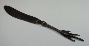 Antique BRONZE CHICKEN CLAW BIRD FOOT FEATHER Ornate Letter Opener Pager Turner