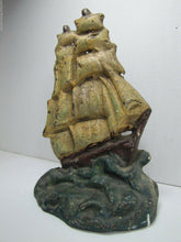 Load image into Gallery viewer, Antique Cast Iron Sail Ship Doorstop ornate old orig paint heavy door stopper
