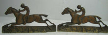 Load image into Gallery viewer, Vintage Jockey riding Horse Bookends brass copper wash ornate detailing rare htf
