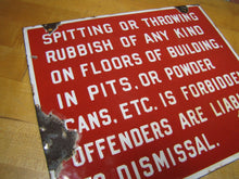 Load image into Gallery viewer, Orig Old Porcelain SPITTING OR THROWING RUBBISH FORBIDDEN Sign Industrial Shop
