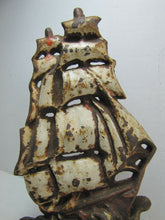 Load image into Gallery viewer, Antique Cast Iron Ship in Waves Doorstop fabulous dimensional ornate orig paint
