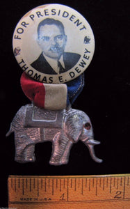 1940s THOMAS E DEWEY for PRESIDENT ELEPHANT Ribbon Pinback Pin  Medallion RHTF