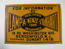 Load image into Gallery viewer, LAMPA MENZE STUKHART BERGENFIELD NJ Old Real Estate Insurance Sign Brown&amp;Bigelow
