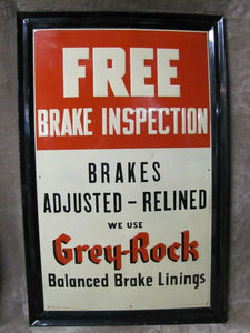 Orig 1930s Grey-rock Brakes Sign metal framed embossed adjusted relined *rare