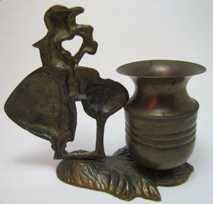 Old Bronze Girl Smelling Flower Figural Brass Match Toothpick Holder Bud Vase